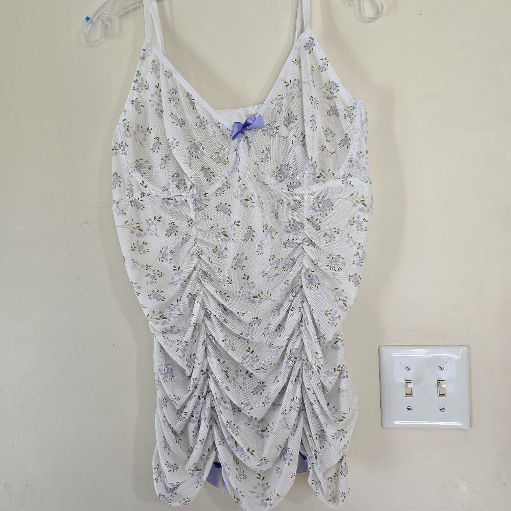Women's Plus 4x White Floral Babydoll Lingerie with Purple Bows